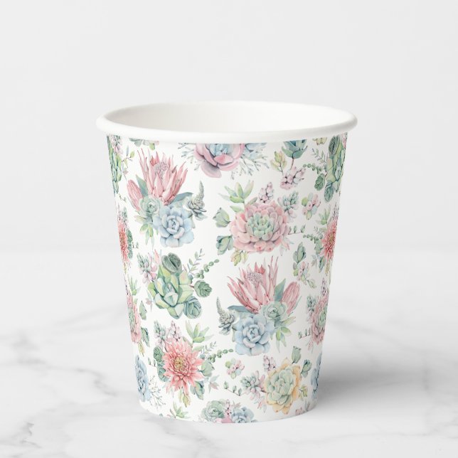Pastel Watercolor Succulent and Cactus Pattern Pappbecher (Vorderseite)