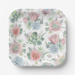 Pastel Watercolor Succulent and Cactus Pattern Pappteller