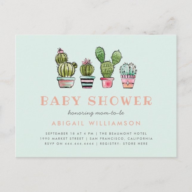 Pastel Watercolor Succulent Cactus Baby Shower Einladungspostkarte (Vorderseite)