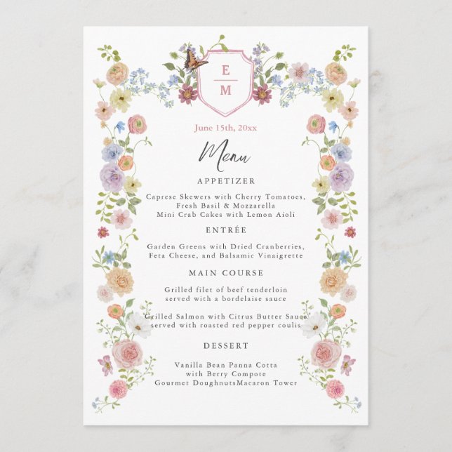 Pastel Watercolor Wildblume Wedding Menu Menükarte (Vorderseite)