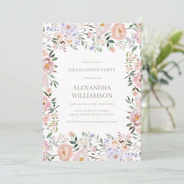 Pastel Watercolor Wildblumen Graduation Party Einladung (Stehend Vorderseite)