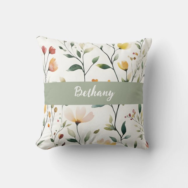 Pastel Watercolor Wildflower Monogram Name Kissen (Vorderseite)