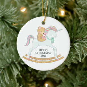 Pastel-Weihnachts-Einhorn-Schaukelpferd auf Weiß Keramik Ornament
