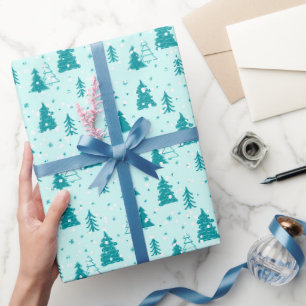Pastel Weihnachtsbaum Falling Snow Baby Blue Geschenkpapier