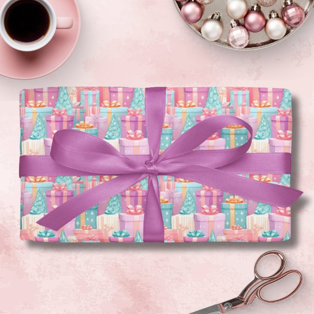 Pastel Weihnachtsgeschenke und Baumpapier Geschenkpapier (Pastel Presents Wrapping Paper)