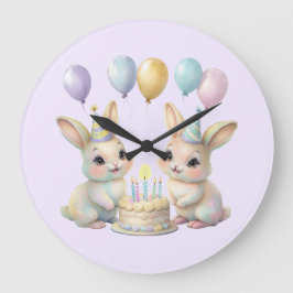Pastel Whimsical Bunny Twins Birthday wall clock  Große Wanduhr