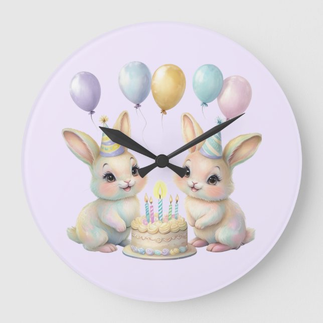 Pastel Whimsical Bunny Twins Birthday wall clock  Große Wanduhr (Vorderseite)