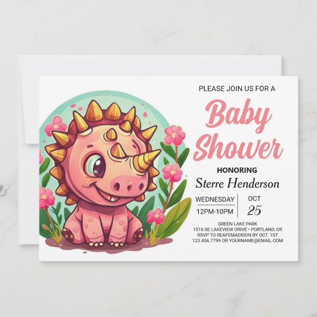 Pastel Whimsical Dinosaur Girl Babydusche Einladung (Vorderseite)