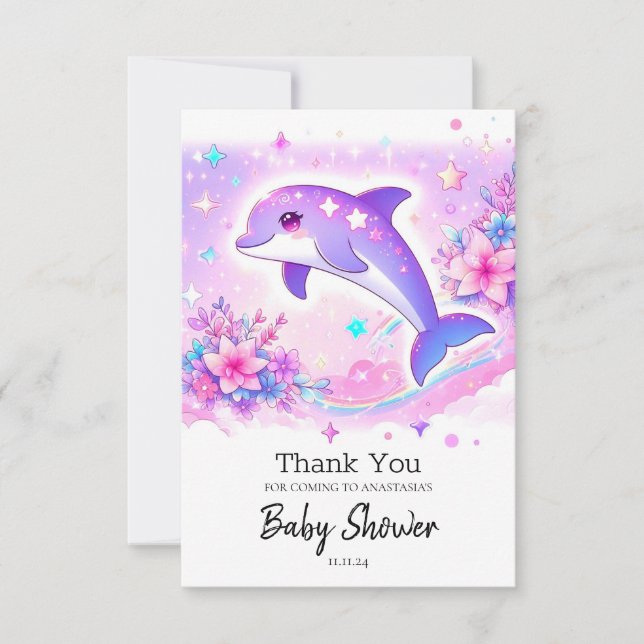 Pastel Whimsical Dolphin Baby Dusche Dankeskarte (Vorderseite)