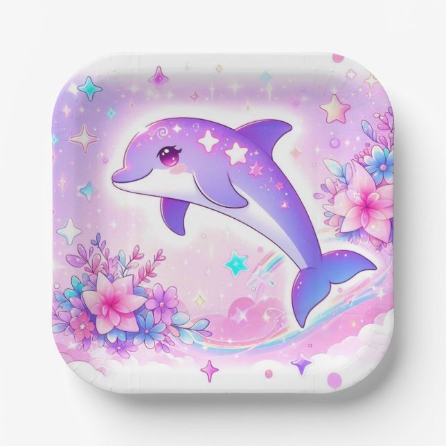 Pastel Whimsical Dolphin Baby Dusche Pappteller (Vorderseite)
