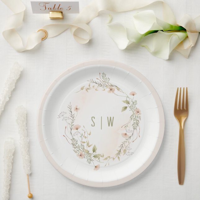 Pastel Wildblume Floral Monogram Wreath Wedding Pappteller (Hochzeit)