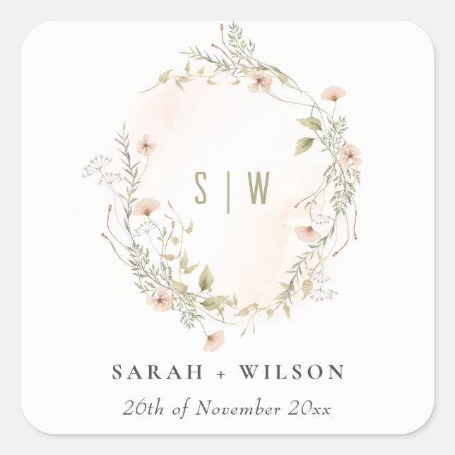 Pastel Wildblume Floral Monogram Wreath Wedding Quadratischer Aufkleber (Vorderseite)