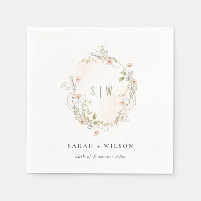 Pastel Wildblume Floral Monogram Wreath Wedding Serviette (Vorderseite)