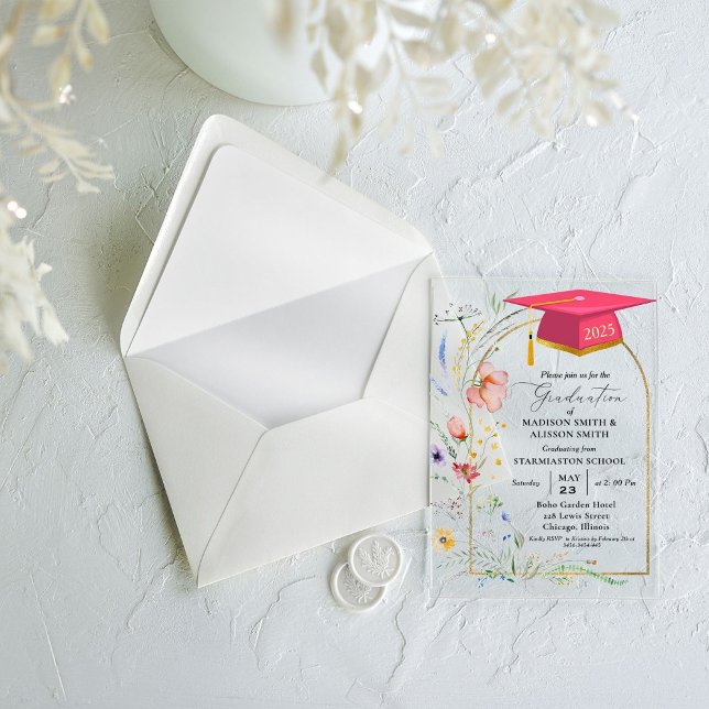 Pastel Wildblume Garden Twin Graduation Party Acryleinladungen (Von Creator hochgeladen)