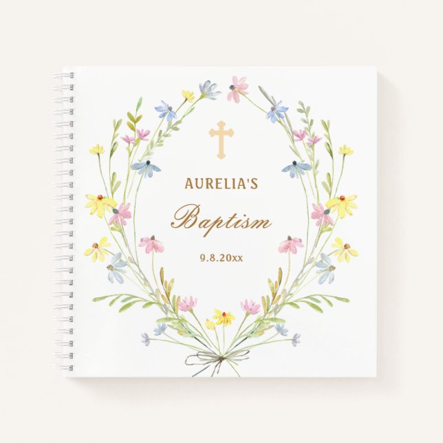 Pastel Wildblumen Taufen Gästebuch Notizbuch (Vorderseite)