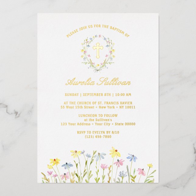 Pastel Wildblumen Wreath Baptisse Folieneinladung (Vorderseite)