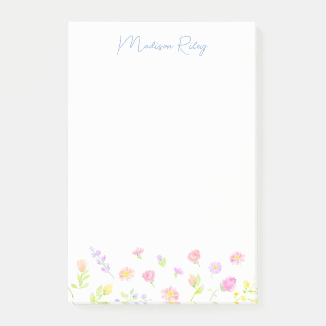 Pastel Wildflower Personalized Blue Post-It Notes Klebezettel (Vorderseite)
