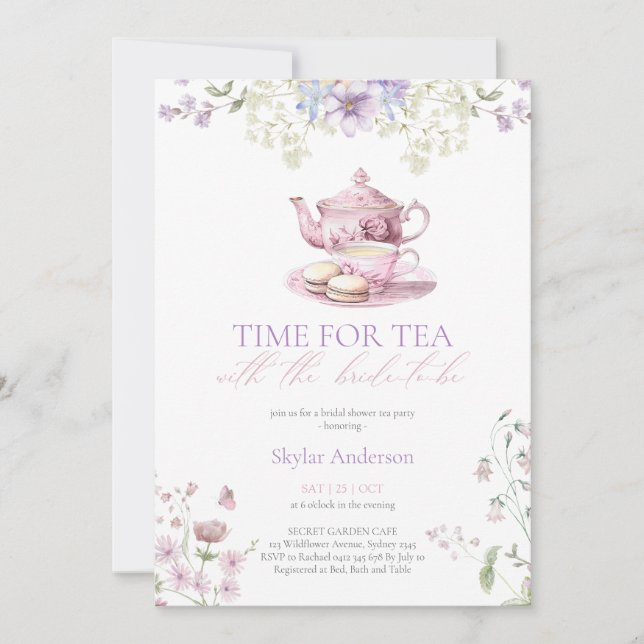 Pastel Wildflower Time for Tea Bridal Shower Party Einladung (Vorderseite)