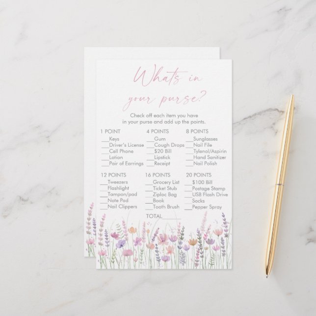 Pastel Wildflowers What's In Your Purse Game (Vorderseite/Rückseite Beispiel)
