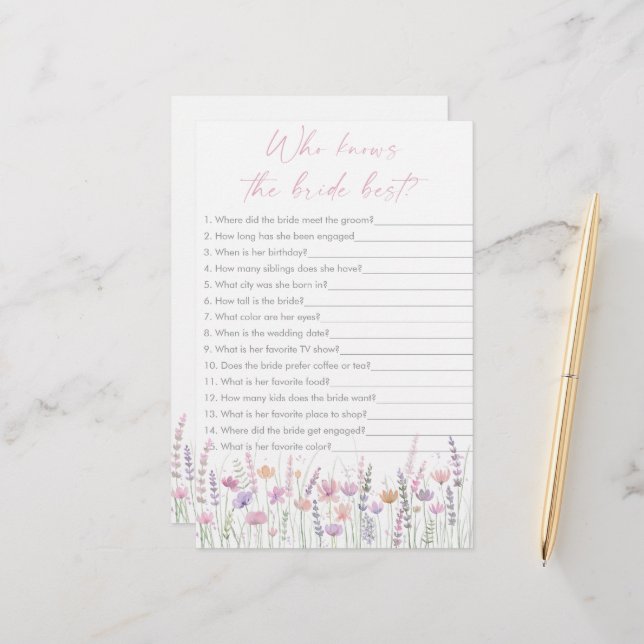 Pastel Wildflowers Who Knows the Bride Best Game (Vorderseite/Rückseite Beispiel)
