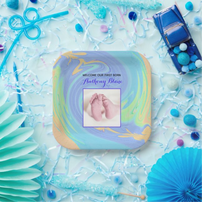 Pastel Willkommen zuerst Geboren mit Foto Pappteller (Party)