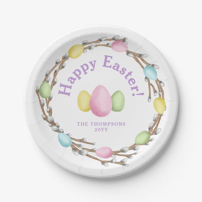 Pastel Willow Wreath Colorful Happy Easter Pappteller (Vorderseite)