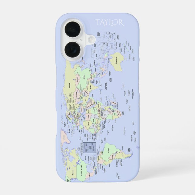 Pastel World Map – Personalized iPhone 16 Hülle (Rückseite)