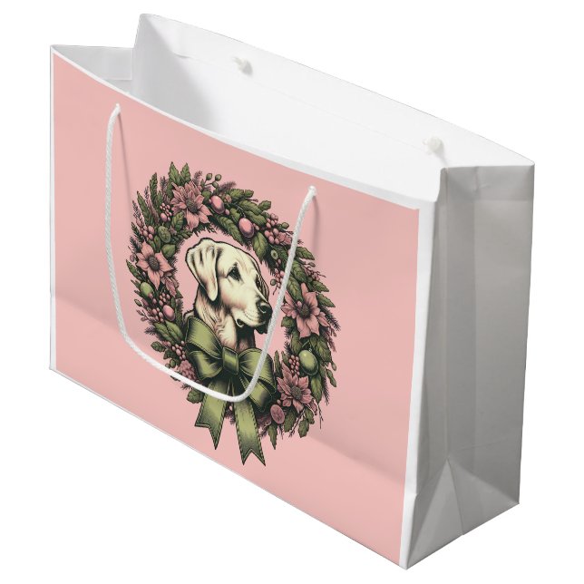 Pastel Xmas Yellow Labrador Wreath Große Geschenktüte (Vorderseite Schrägansicht)