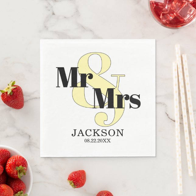 Pastel Yellow and Black Mr & Mrs. Wedding Serviette (Beispiel)