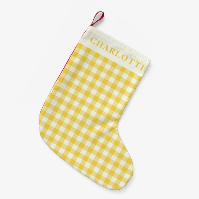 Pastel Yellow Gingham Coquette Karo Kariert Name Kleiner Weihnachtsstrumpf (Vorderansicht (hängend))
