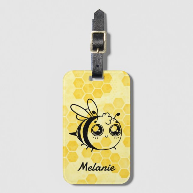Pastel Yellow Honeycomb Cute Bee Personalised Gepäckanhänger (Vorderseite Vertikal)