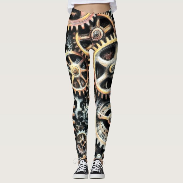 Pastel Zeichn von Cogs Gears Steampunk Leggings (Vorderseite)