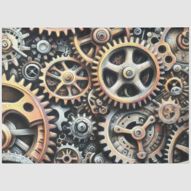 Pastel Zeichn von Cogs Gears Steampunk Seidenpapier (Vorderseite)