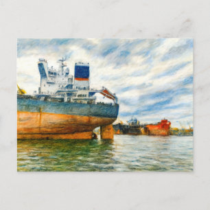 Pastel zeichnend Frachtschiff im Seehafen Danzig Feiertagspostkarte