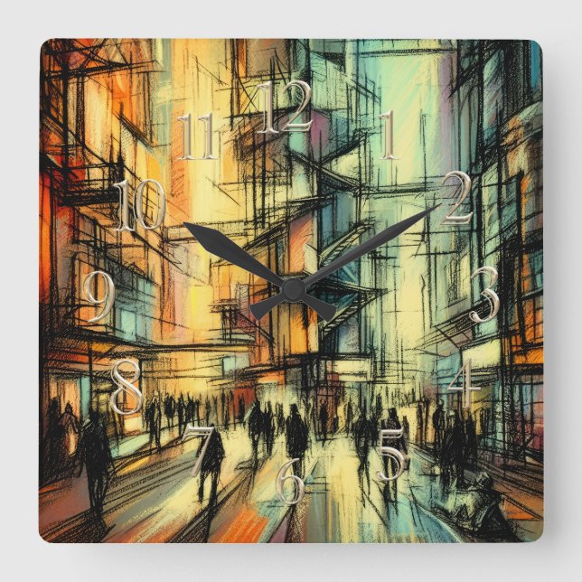 Pastel Zeichnend futuristische Comic Style City Quadratische Wanduhr (Vorderseite)