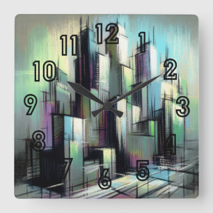 Pastel Zeichnend Futuristische Stadt Abstrakt Quadratische Wanduhr