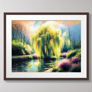 Pastel Zeichnend Gartenteich Weinend Wilder Baum Poster