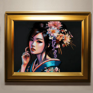 Pastel Zeichnend schöne asiatische Frau Kimono Poster