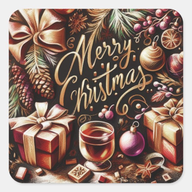 Pastel Zeichnete eines Weihnachtsbeiches Quadratischer Aufkleber (Vorderseite)