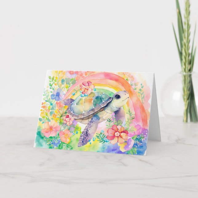Pastelenbogen Aquarellmeerschildkröte Feiertagskarte (Vorderseite)