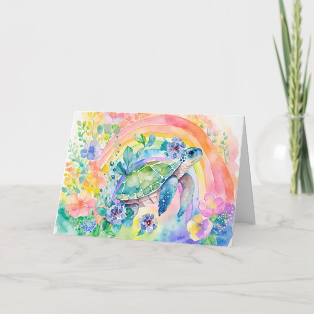 Pastelenbogen Aquarellmeerschildkröte Feiertagskarte (Vorderseite)