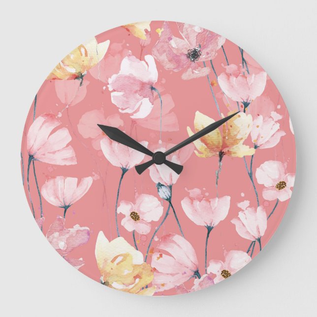 Pastelkuchen: Aquarellblüten nahtlos. Große Wanduhr (Vorderseite)