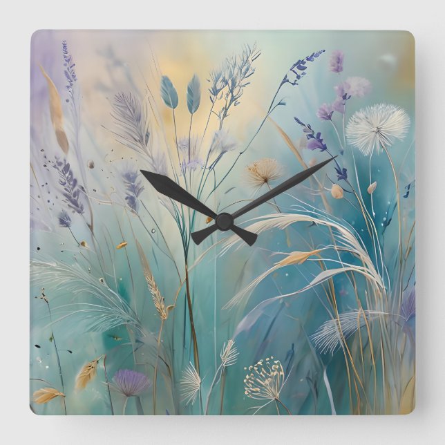 Pastell Abstrakte Flüstern der Natur, Gräser Quadratische Wanduhr (Vorderseite)