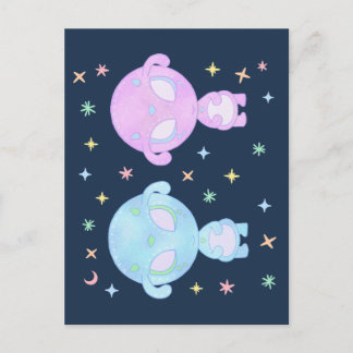 Pastell-Alien-Zwillingsschwestern | Süße kosmische Postkarte