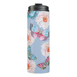 Pastell-Anemonen-Schmetterlinge-Wasserfarben-Muste Thermosbecher