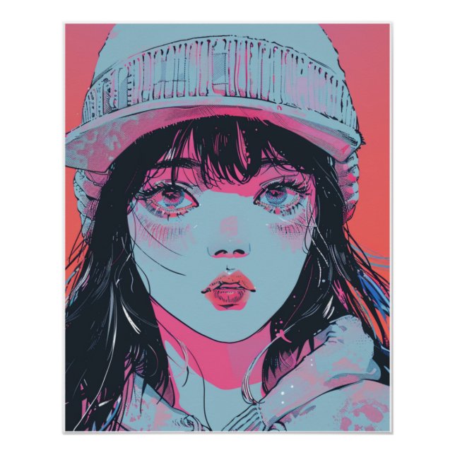 Pastell-Anime-Mädchen-mit-Beanie-Kunst Poster (Vorderseite)