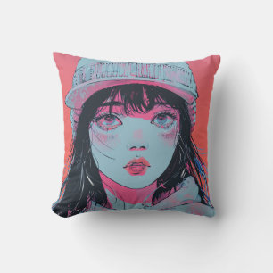 Pastell-Anime-Mädchen-mit-Strickmütze-Kunst Kissen