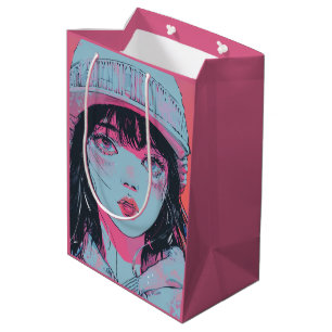 Pastell-Anime-Mädchen-mit-Strickmütze-Kunst Mittlere Geschenktüte