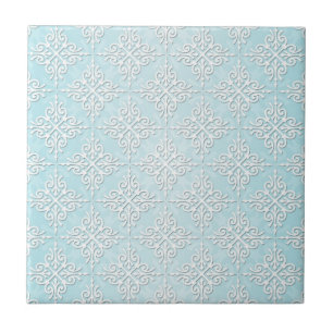 Pastell Aquamarin Blau und Weiß Damask Muster Fliese