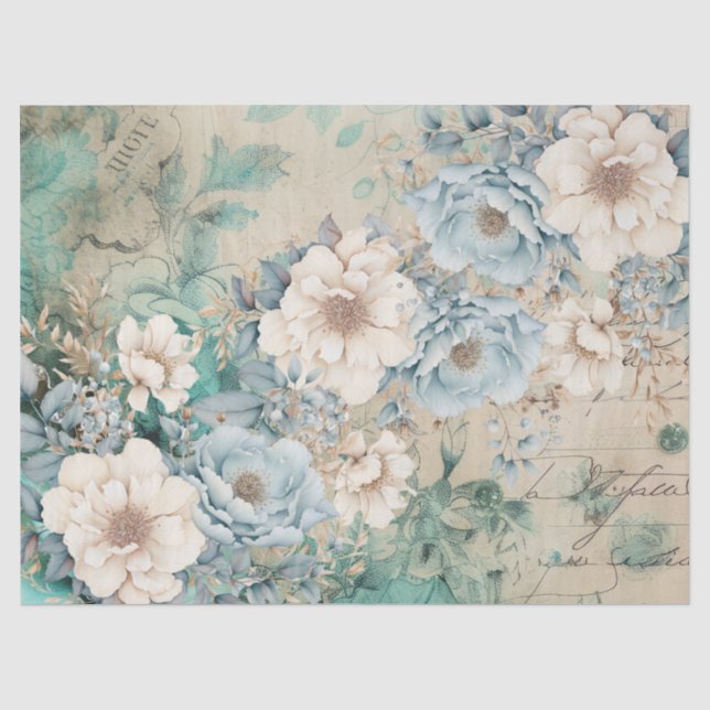 Pastell Aquamarin & Blue Watercolor Florals Tissue Seidenpapier (Vorderseite)
